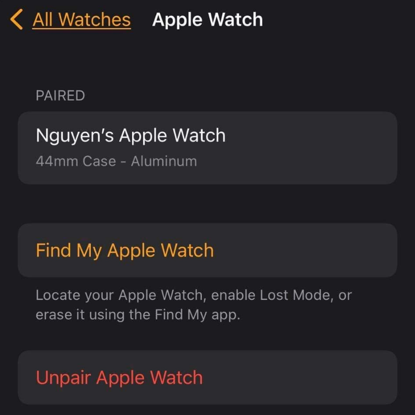 Bạn chọn lệnh Unpair Apple Watch