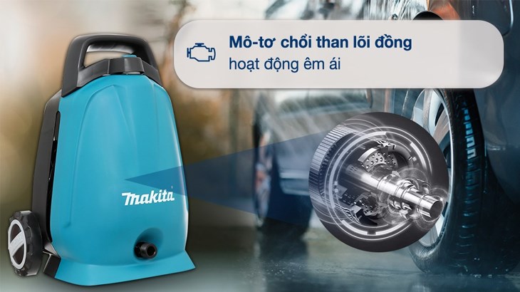 Máy phun xịt rửa áp lực cao Makita HW102 1300W sử dụng mô - tơ chổi than giúp máy hoạt động êm ái, ổn định 