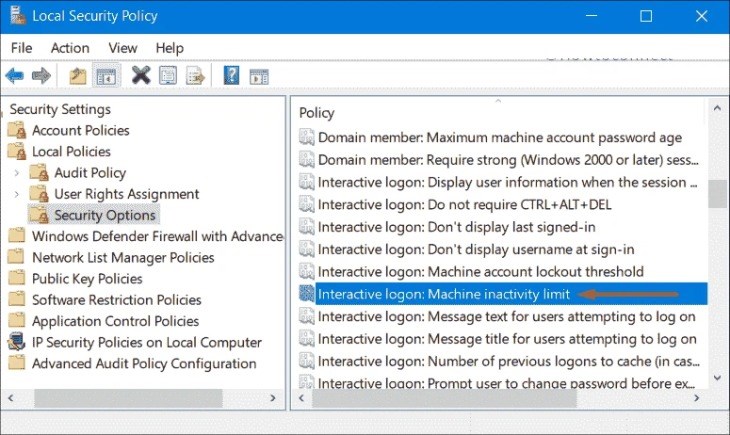 Bạn cần mở đúng mục Machine inactivity limit trong Security Options