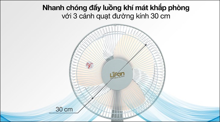 Quạt bàn Lifan B-212 sở hữu 3 cánh quạt đường kính 30cm, mang đến luồng gió mát ổn định