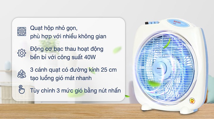 Quạt hộp Senko BD1012 có 3 cánh với đường kính 25cm, giúp tạo ra làn gió mát nhanh chóng