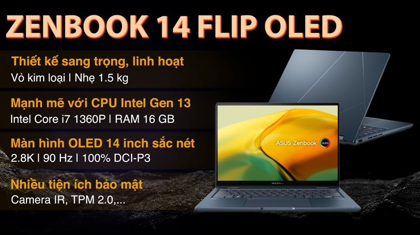 Laptop Asus Zenbook 14 Flip OLED UP3404VA i7 với màn hình OLED 14 inch sắc nét