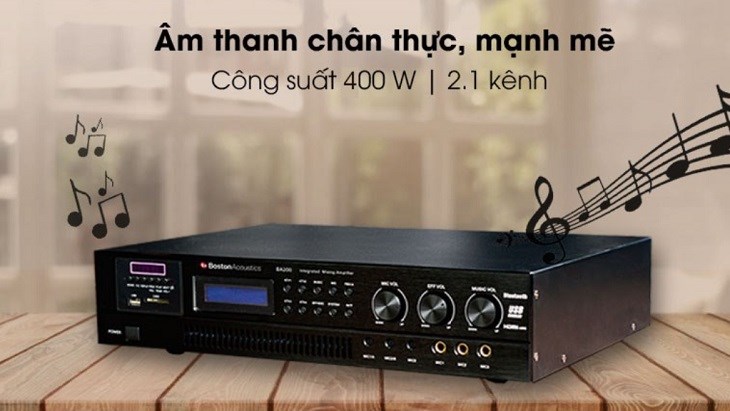 Amply Boston Acoustics BA200 400W được thiết kế theo hệ thống 2.1 kênh với công suất 400W cho âm thanh phát ra mạnh mẽ