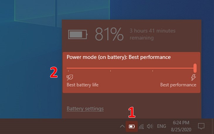 Nhấn vào biểu tượng viên pin ở góc cuối bên phải màn hình > Chọn Best performance