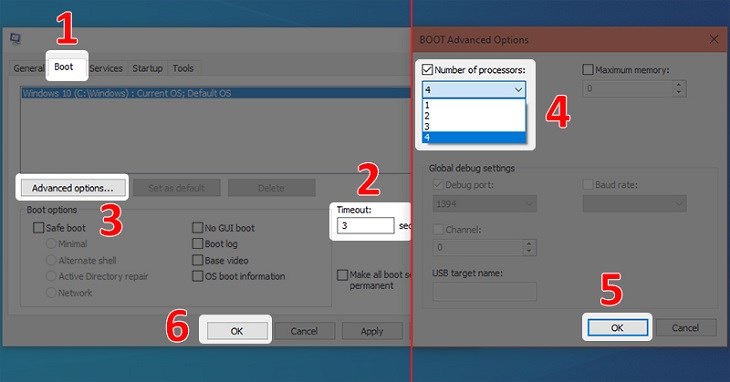 Bạn hãy mở thẻ Boot > Mở ô Timeout nhập 3 > Chọn Advanced options... 