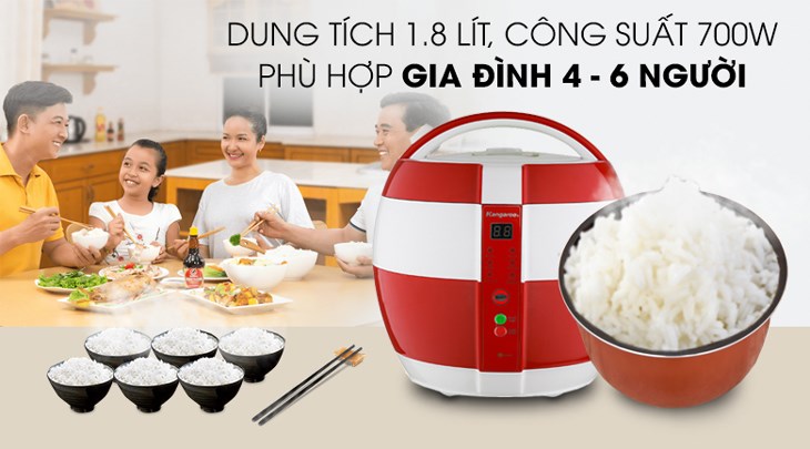 Nồi cơm điện nắp gài Kangaroo 1.8 lít KG835 trang bị công suất 700W và dung tích 1.8 lít, phục vụ tốt cho gia đình có từ 4 - 6 thành viên