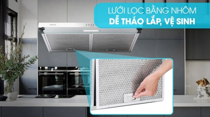 Máy hút mùi âm tủ Teka CH 1070BG được thiết kế với lưới lọc bằng nhôm dễ dàng tháo lắp và vệ sinh