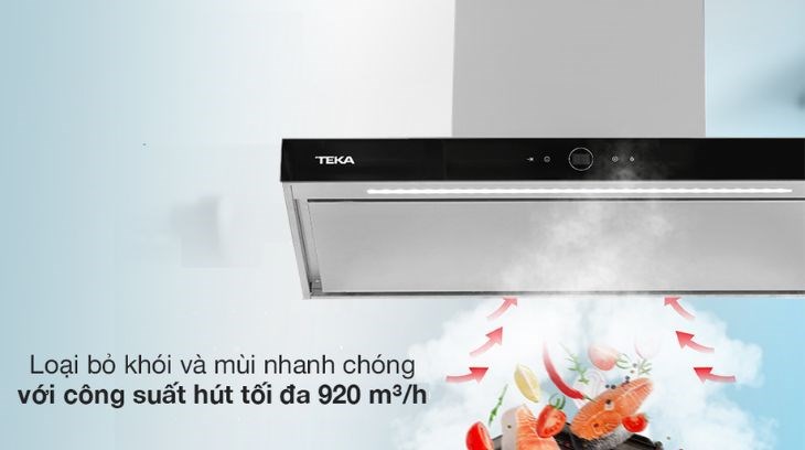 Máy hút mùi áp tường Teka DPL 786 T có công suất hút tối đa 920 mét khối 1 giờ cho hiệu quả loại bỏ mùi tốt