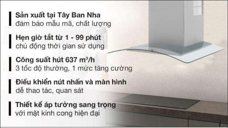 Máy hút mùi kính cong Teka NC 780 sở hữu công suất hoạt động 230W đem lại hiệu suất tốt, có thể đạt 637 m³/h giúp hút sạch khói