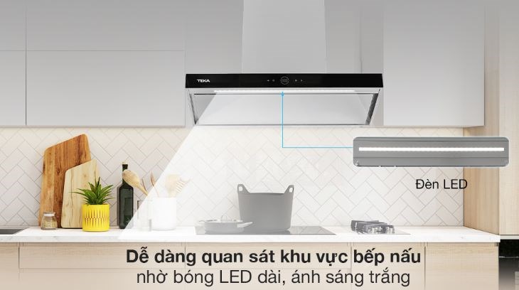 Máy hút mùi áp tường Teka DPL 786 T được trang bị đèn led chiều sáng giúp quá trình đun nấu dễ dàng hơn