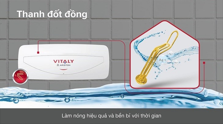 Máy nước nóng gián tiếp Ariston 20 lít 2500W VITALY 20 SLIM 2.5 FE được trang bị thanh đốt đồng giúp làm nóng nước nhanh