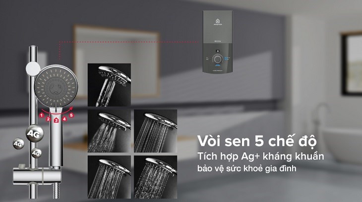 Máy nước nóng trực tiếp Ariston AURES PREMIUM+ 4.5P được trang bị vòi sen 5 chế độ phun, tiện lợi khi sử dụng