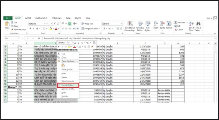 Người dùng nhấn chuột phải vào ô cần xuống dòng và chọn Format Cells