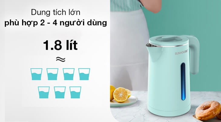 Bình đun siêu tốc Sunhouse 1.8 lít SHD1351 có dung tích 1.8 lít đáp ứng tốt nhu cầu của 2 - 4 người dùng