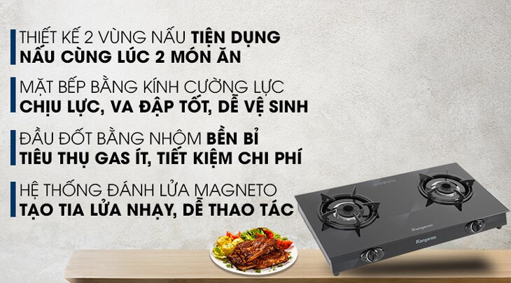 Bếp ga đôi Kangaroo KG8G1A được thiết kế 2 vùng nấu tiện dụng cho phép nấu nhiều món cùng lúc