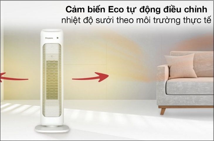 Quạt sưởi gốm Kangaroo KGFH05 được trang bị công nghệ Eco giúp điều chỉnh nhiệt độ sưởi theo môi trường thực tế, 