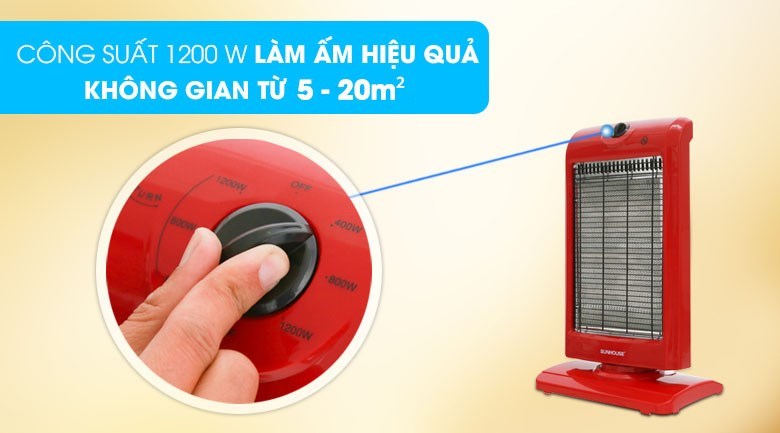 Quạt sưởi halogen Sunhouse SHD7016 có công suất hoạt động 1200W, giúp làm ấm các không gian như phòng ngủ, phòng khách,...