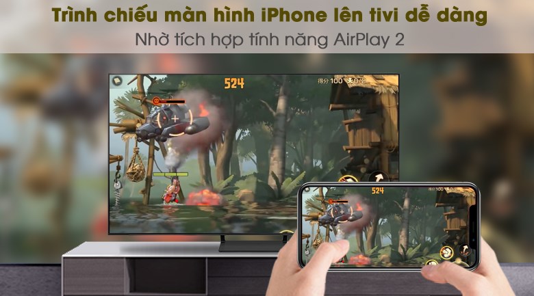 Nhờ vào Air Play 2, bạn có thể đắm chìm vào không gian đồ họa rộng lớn trên màn hình Smart Tivi QLED 4K 55 inch Samsung QA55Q65A