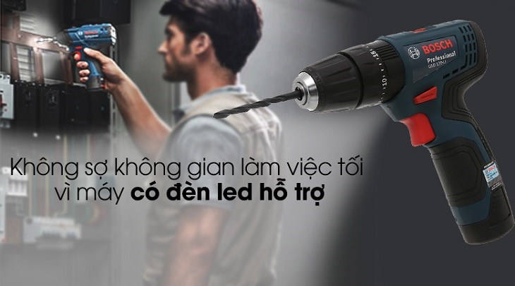 Máy khoan động lực pin Bosch GSB 120-LI được trang bị đèn chiếu sáng tiện lợi