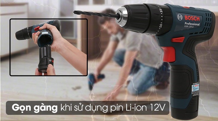 Máy khoan động lực Bosch GSB 120-LI 12V sử dụng pin Li-ion 12V, cần sạc nhiều lần để sử dụng