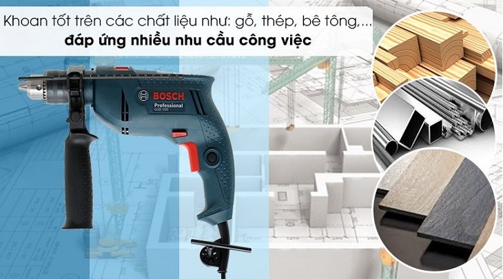 Máy khoan động lực điện Bosch GSB 550 550W có công suất hoạt động 550W, khoan được trên nhiều bề mặt