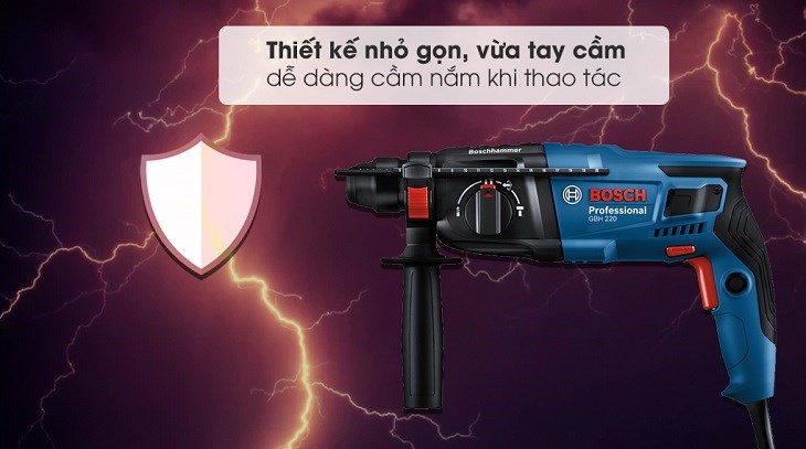  Máy khoan búa điện Bosch GBH 220 720W có thiết kế nhỏ gọn, dễ cầm tay