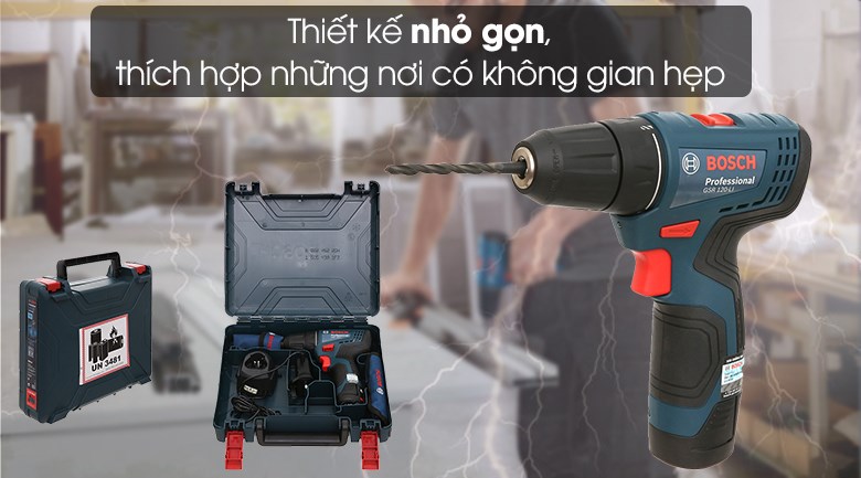 Máy khoan vặn vít pin Bosch GSR 120-LI 12V có thiết kế hiện đại, có giá bán là 2.000.000đ giảm 20% còn 1.600.000đ (thông tin giá cập nhật tháng 05/2023, có thể thay đổi theo thời gian)