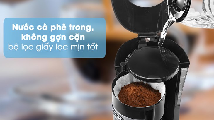 Máy pha cà phê Delonghi ICM15210.1 trang bị giấy lọc mịn cho nước cà phê trong kết hợp mâm nhiệt giúp giữ ấm cà phê lâu hơn