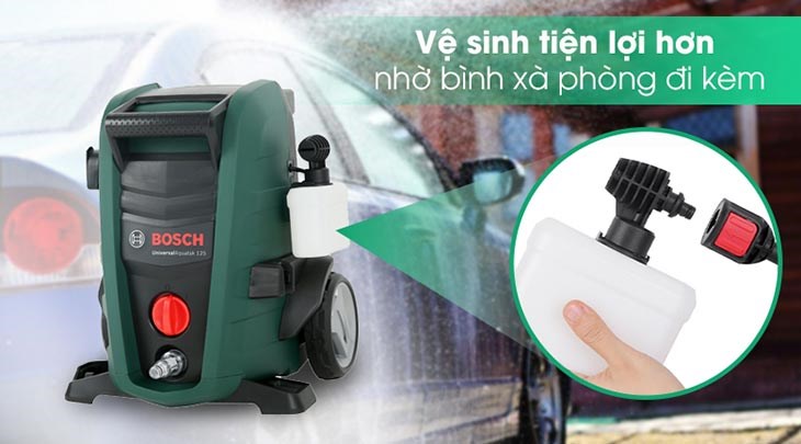 Máy phun xịt rửa áp lực cao Bosch Universal AQT 125 1500W trang bị bình xà phòng đi kèm giúp rửa, vệ sinh sạch hơn