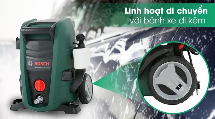 Máy phun xịt rửa áp lực cao Bosch Universal AQT 125 1500W linh hoạt, tiện di chuyển với thiết kế bánh xe đi kèm