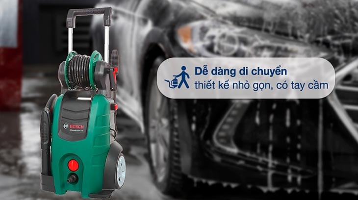 Máy phun xịt rửa áp lực cao Bosch Aquatak 140 2100W dễ dàng di chuyển nhờ sở hữu thiết kế nhỏ gọn, có tay cầm