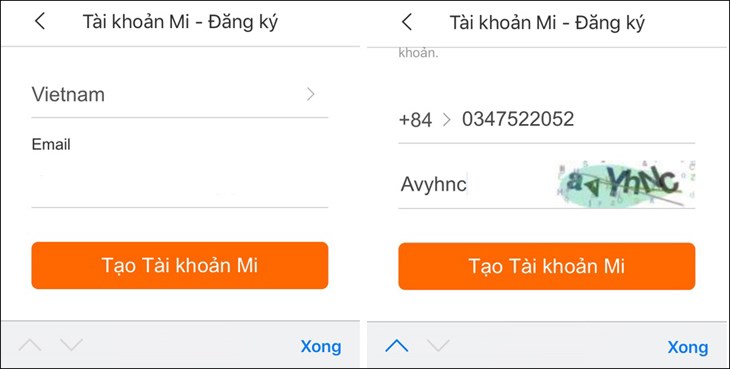 Bạn điền số điện thoại hoặc gmail để đăng ký tài khoản Mi Home thành công