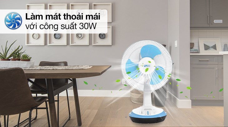 Quạt sạc điện AC 3 cánh ARF03D123 30W có công suất hoạt động 30W, tạo luồng gió mát thổi bay cái nóng khó chịu