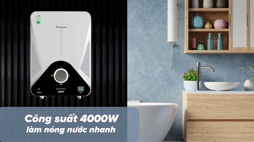 Máy nước nóng trực tiếp Kangaroo 4000W KG589G làm nóng chỉ trong 2 giây nhờ công suất tối đa 4000W