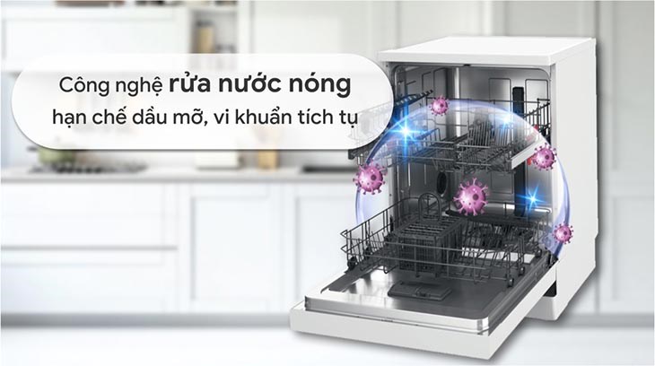 Máy rửa chén độc lập Whirlpool WFE 2B19 trang bị công nghệ rửa nước nóng có khả năng rửa sạch vết bẩn, mảng bám, vết dầu mỡ hiệu quả