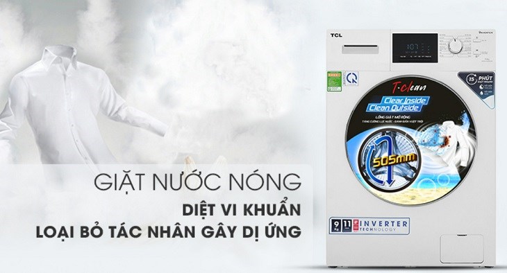 Máy giặt TCL Inverter 9 Kg TWF90-M14303DA03 có khả năng làm nóng nước đến 95°C diệt khuẩn hiệu quả và loại bỏ hầu hết các chất gây dị ứng