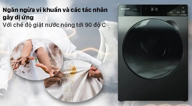 Chế độ giặt nước nóng trên máy giặt Sharp Inverter 9.5 Kg ES-FK954SV-G có thể lên đến 90°C giúp đánh bay vết bẩn cứng đầu hiệu quả