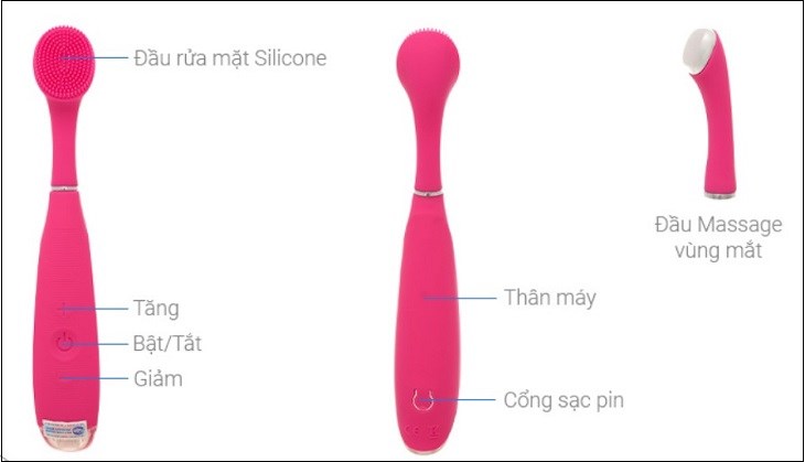 Máy rửa mặt và massage vùng mắt Rio FARA được thiết kế đầu rửa mặt bằng silicone mềm mại