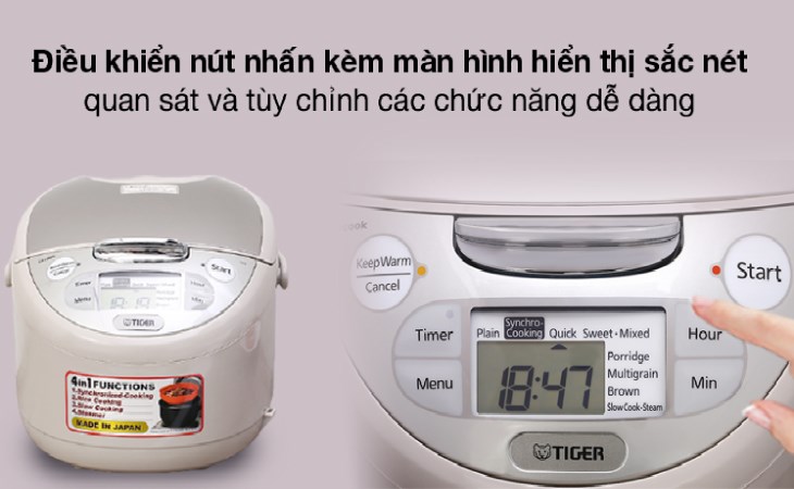 Nồi cơm điện tử Tiger 1 lít JAX-S10W điều khiển bằng nút nhấn, dễ dàng thao tác 