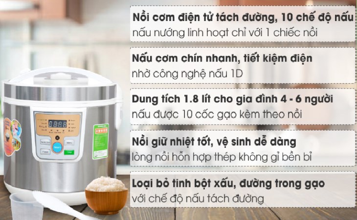 Nồi cơm điện tử tách đường Mishio 1.8 lít MK-188 có chế độ nấu cơm tách đường, giúp loại bỏ đường dư thừa trong cơm khi nấu