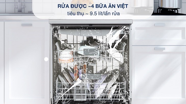 Máy rửa bát độc lập Beko DEN48520X dùng khoảng 9.5 lít nước mỗi lần rửa, giúp tiết kiệm điện, nước hiệu quả