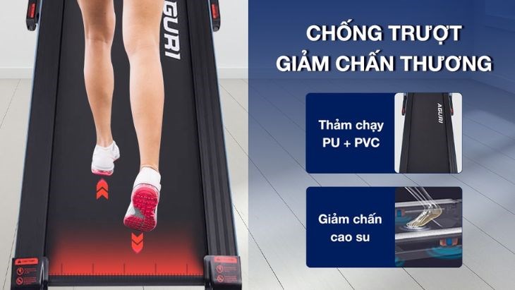 Máy Chạy Bộ Aguri AGT-120L được trang bị thảm  PU + PVC có tác dụng giảm trơn trượt tốt,  hạn chế chấn thương khi chạy