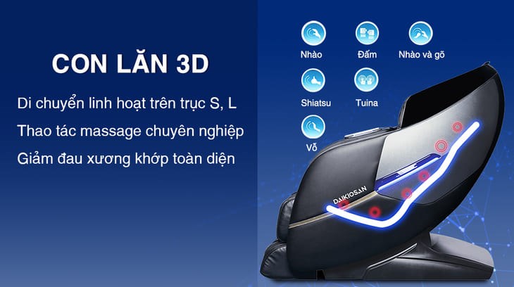 Ghế Massage Daikiosan DKGM-20005D sở hữu con lăn 3D giúp xua tan cơn đau nhức toàn thân một cách nhanh chóng