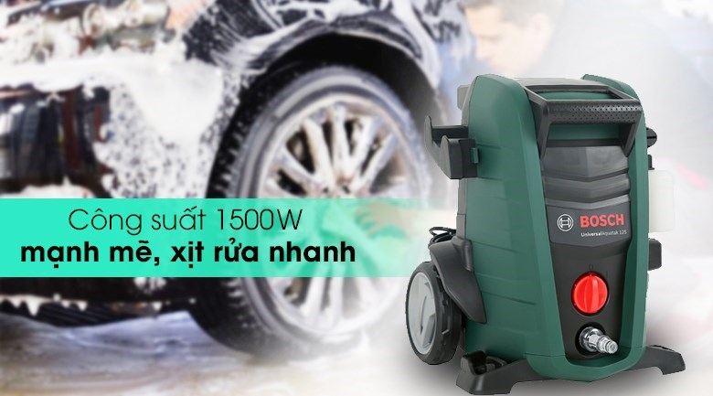 Máy phun xịt rửa áp lực cao Bosch Universal AQT 125 có công suất 1500W mạnh mẽ đánh bật vết bẩn cứng đầu