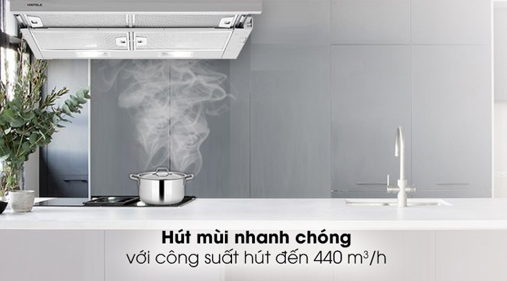 Máy hút mùi âm tủ Hafele HH-S70A (533.89.031) sử dụng động cơ tuabin 1 quạt cùng công suất hút 440 m3/h, cho lực hút mạnh mẽ, khử mùi nhanh chóng