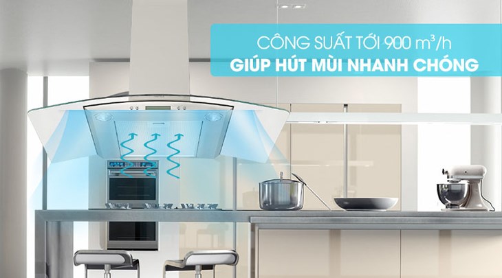 Máy hút mùi áp tường kính cong Hafele HH-WG90B (539.81.185) có công suất hút 900 m3/h giúp loại bỏ mùi hiệu quả, giảm hao phí điện năng