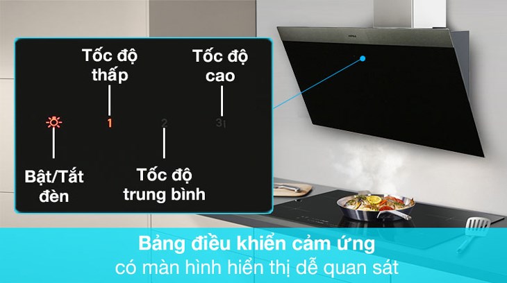 Máy hút mùi áp tường Hafele HH-WVG90C (533.89.013) sử dụng  bảng điều khiển cảm ứng dễ dàng theo dõi và chỉ cần chạm nhẹ để chỉnh chức năng