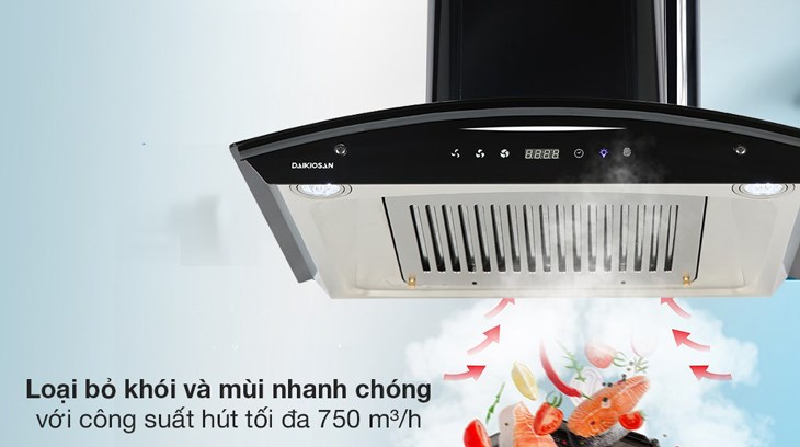 Máy hút mùi áp tường kính cong Daikiosan DKH-000001 làm sạch khói và mùi hiệu quả nhờ công suất hút mạnh mẽ 750m3/h