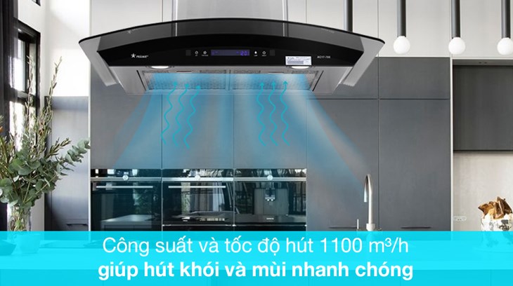 Máy hút mùi kính cong Pramie AC17-700 có công suất hút lên đến 1100m3/h, nhanh chóng hút sạch mùi hôi, giữ sự trong lành cho căn bếp