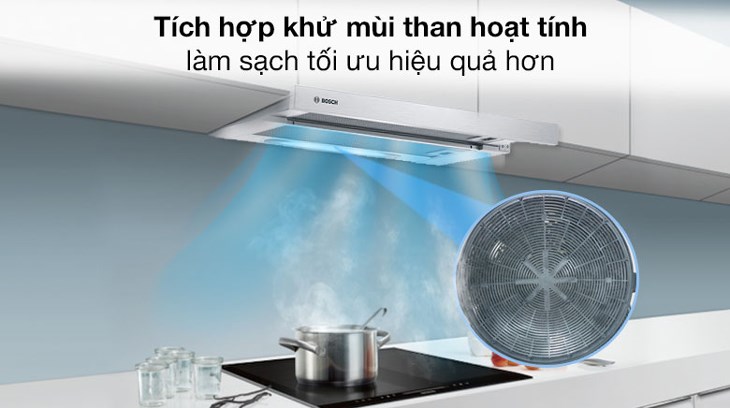 Máy hút mùi âm tủ Bosch DFT63AC50 có thể hút đẩy tuần hoàn bằng than hoạt tính, loại bỏ mùi nhanh chóng hơn